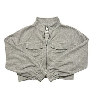 Aerie Velour Cropped Full Zip Ribbed Jacket in Grey Medium